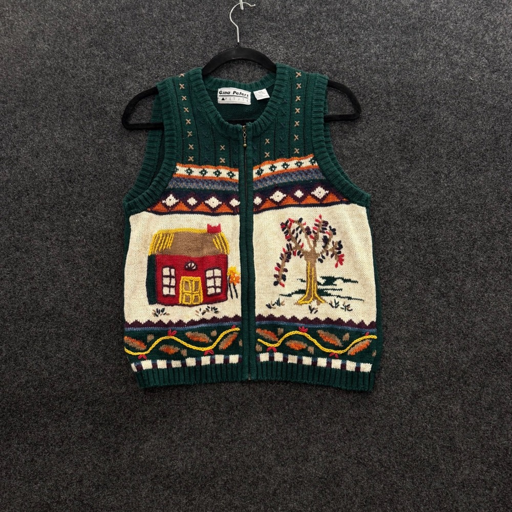 Vintage Gina Peters Petite Green Cottagecore Embroidered House Sweater Vest PM